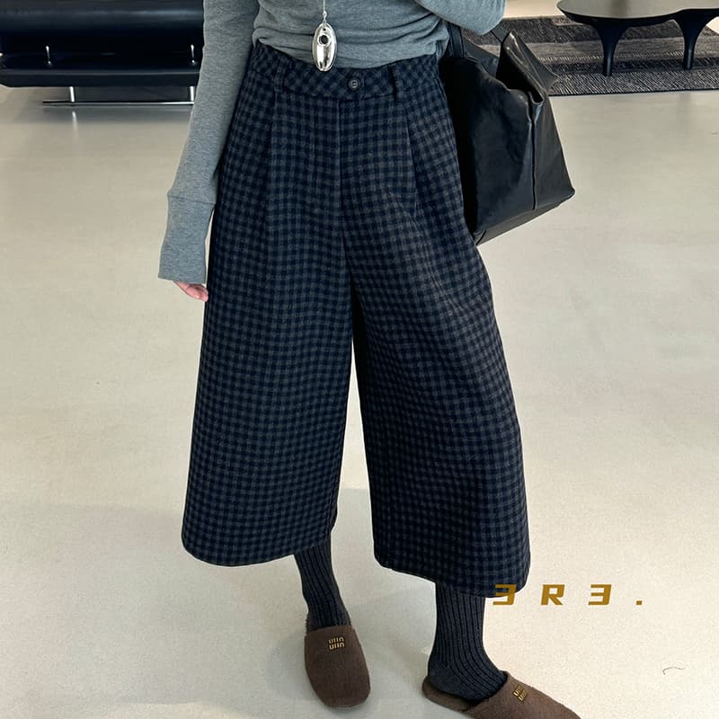 새로운 Chic 하이웨이스트 체크무늬 모직 와이드 레그 팬츠 패션 7부 바지 부츠 팬츠 슬림해 보이는 바지 이미지 3
