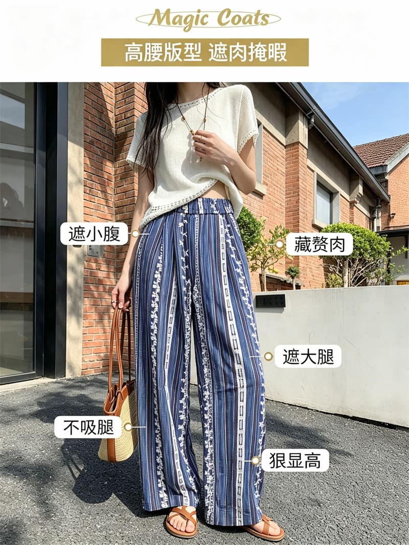 실사 레트로 프린트 면 린넨 와이드 레깅스 바지 얇은 스타일 얼음 실크 자외선 차단 바닥 청소 긴 바지 2026 여름 새로운 상세 이미지 2