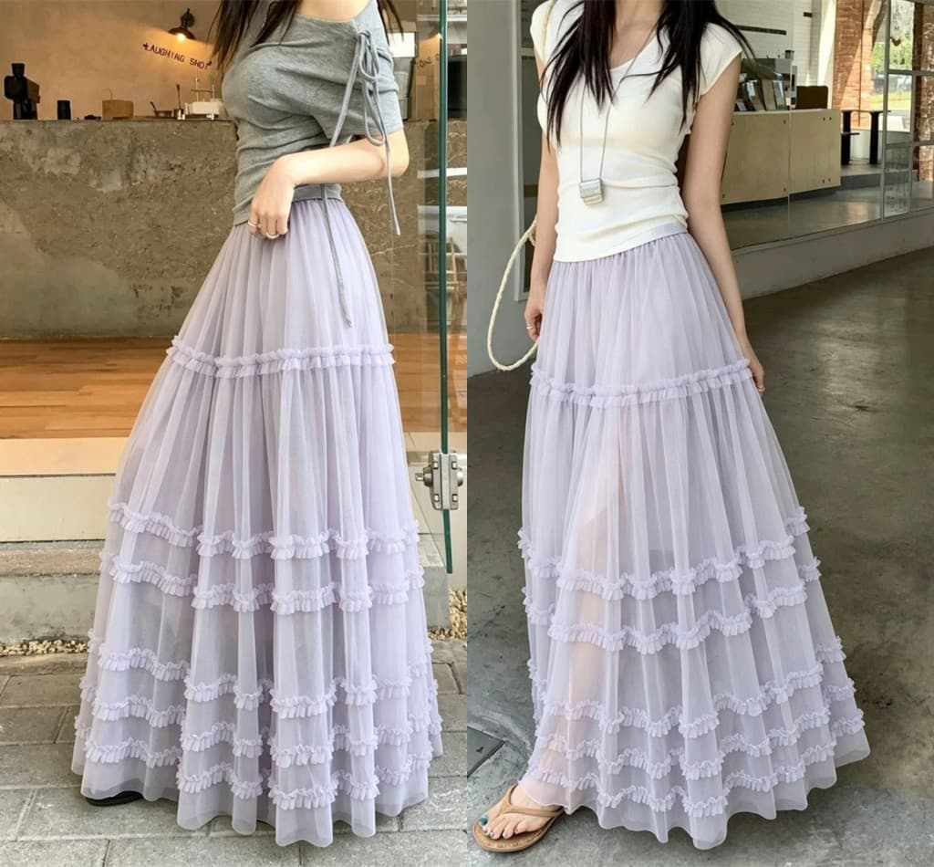 실사 프랑스식 프릴 케이크 드레스 깃발 실 반신 스커트 2026 요정 케이크 드레스 한 마디 빅 플레어 스커트 이미지 3