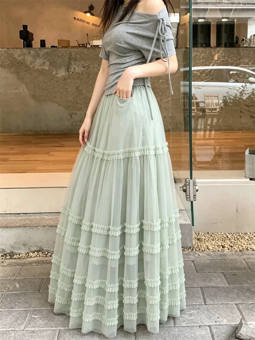 실사 프랑스식 프릴 케이크 드레스 깃발 실 반신 스커트 2026 요정 케이크 드레스 한 마디 빅 플레어 스커트 상세 이미지 22