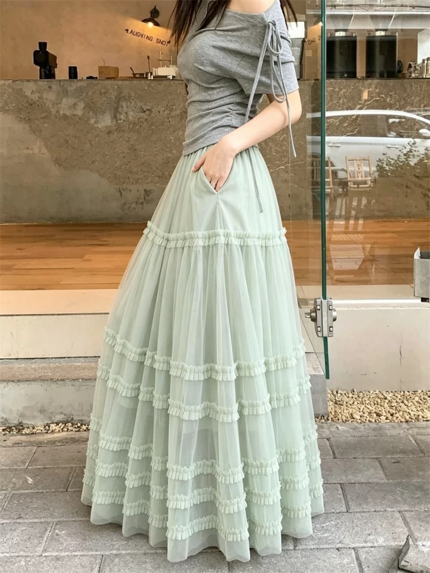 실사 프랑스식 프릴 케이크 드레스 깃발 실 반신 스커트 2026 요정 케이크 드레스 한 마디 빅 플레어 스커트 상세 이미지 24