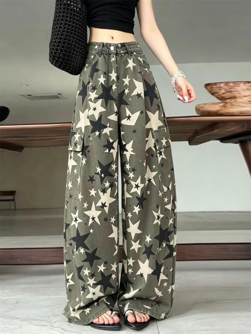 실사 워싱 별 전체 인쇄 그라데이션 카모플라주 모통이 칼 워크웨어 팬츠 여성 루즈핏 캐주얼 다용도 넓은 다리 길이 바지 이미지 4