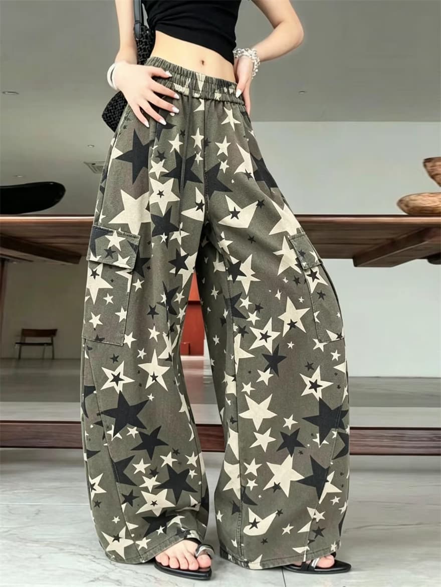 실사 워싱 별 전체 인쇄 그라데이션 카모플라주 모통이 칼 워크웨어 팬츠 여성 루즈핏 캐주얼 다용도 넓은 다리 길이 바지