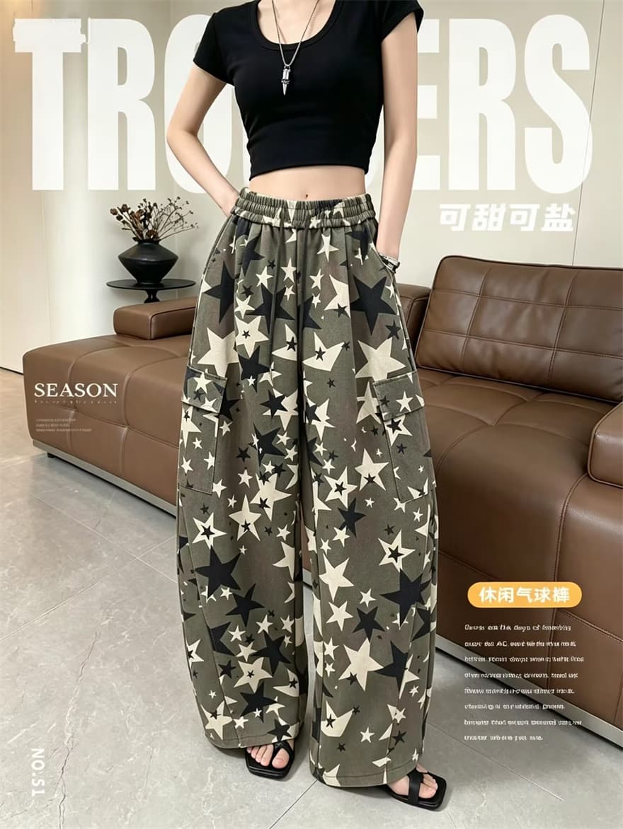 실사 워싱 별 전체 인쇄 그라데이션 카모플라주 모통이 칼 워크웨어 팬츠 여성 루즈핏 캐주얼 다용도 넓은 다리 길이 바지 상세 이미지 1