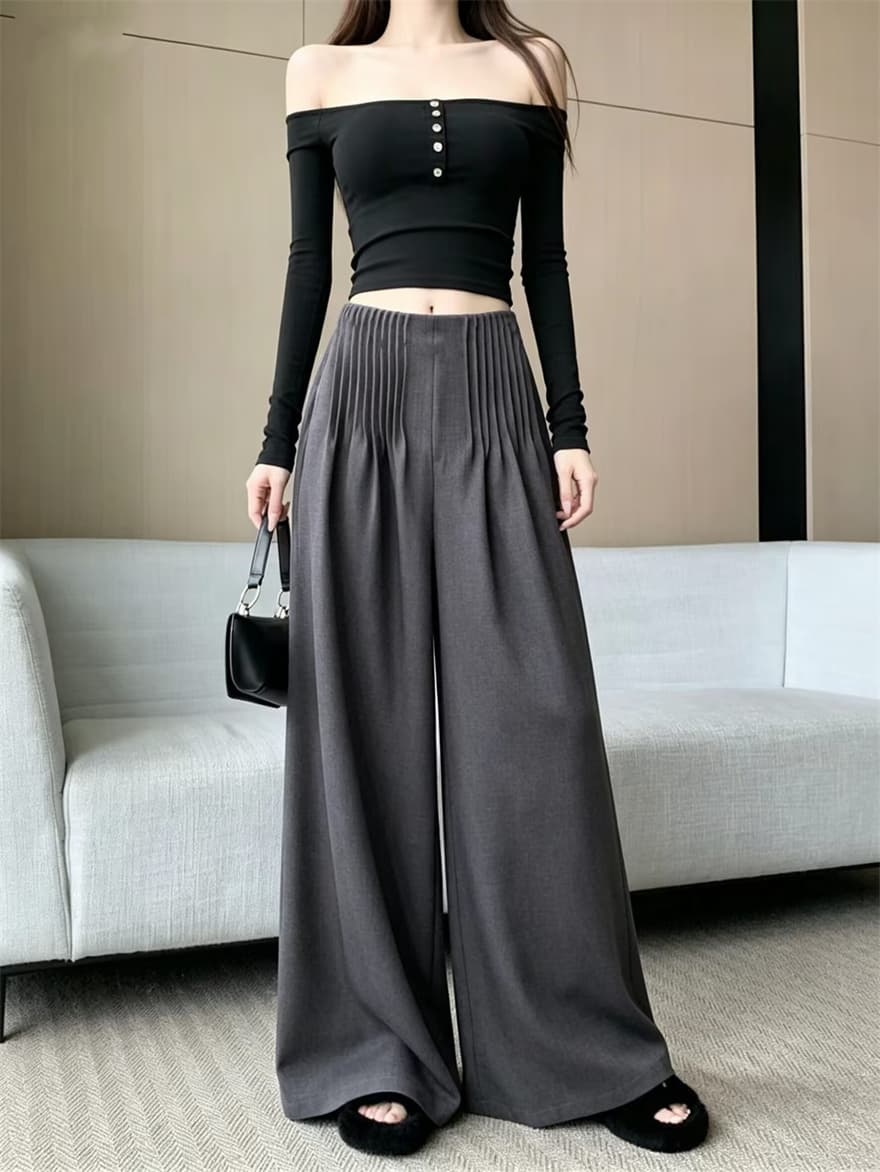 실사 레트로 주름 오래된 돈 바람 와이드 레그 팬츠 2026 가을 새로운 다용도 하이웨이스트 루즈핏 슬림해 보이는 바닥 청소 바지 상세 이미지 15