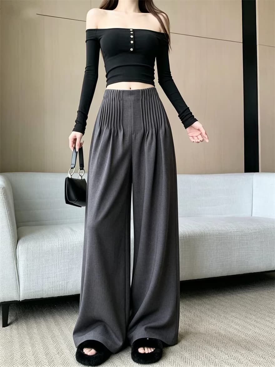 실사 레트로 주름 오래된 돈 바람 와이드 레그 팬츠 2026 가을 새로운 다용도 하이웨이스트 루즈핏 슬림해 보이는 바닥 청소 바지 상세 이미지 30