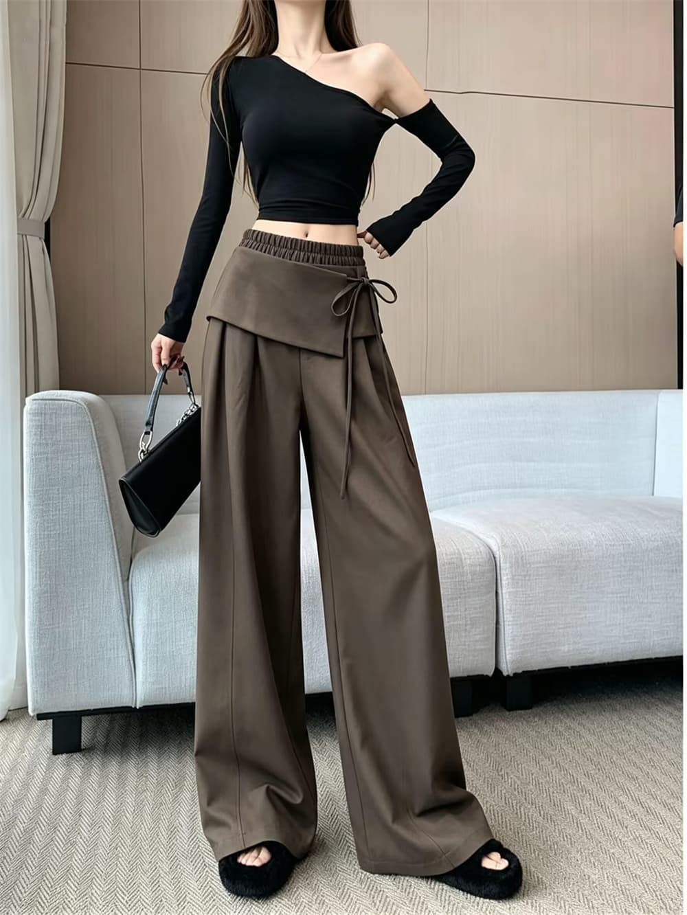 실사 느슨함 센스 와이드 표지 넓적 다리 소나무 와이드 레그 팬츠 2026 가을 새로운 하이웨이스트 레이스업 슬림해 보이는 캐주얼 다용도 바지 상세 이미지 22