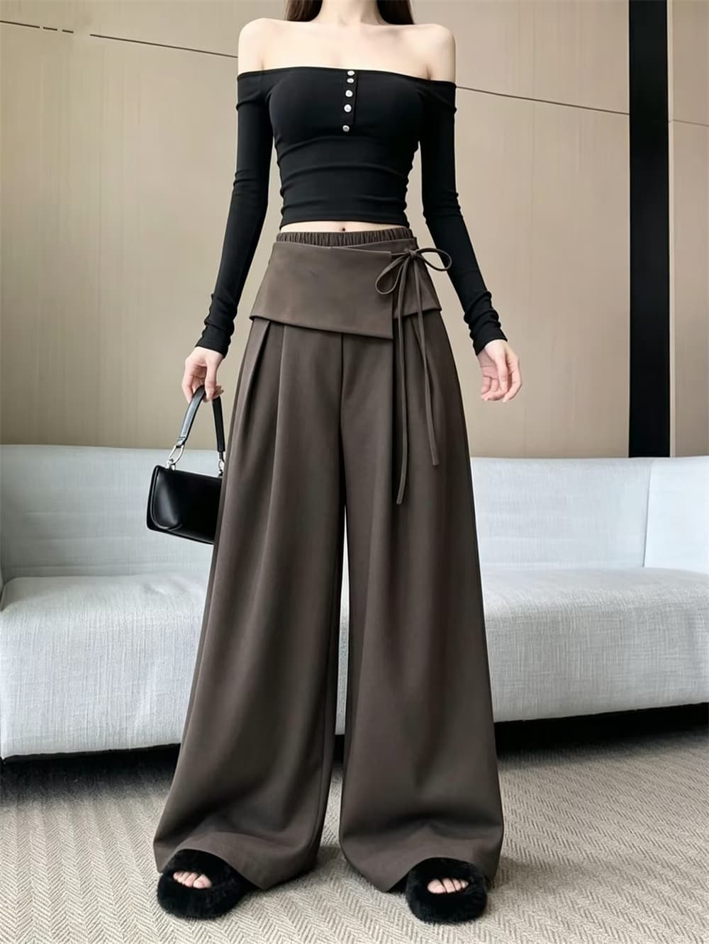 실사 느슨함 센스 와이드 표지 넓적 다리 소나무 와이드 레그 팬츠 2026 가을 새로운 하이웨이스트 레이스업 슬림해 보이는 캐주얼 다용도 바지 상세 이미지 19