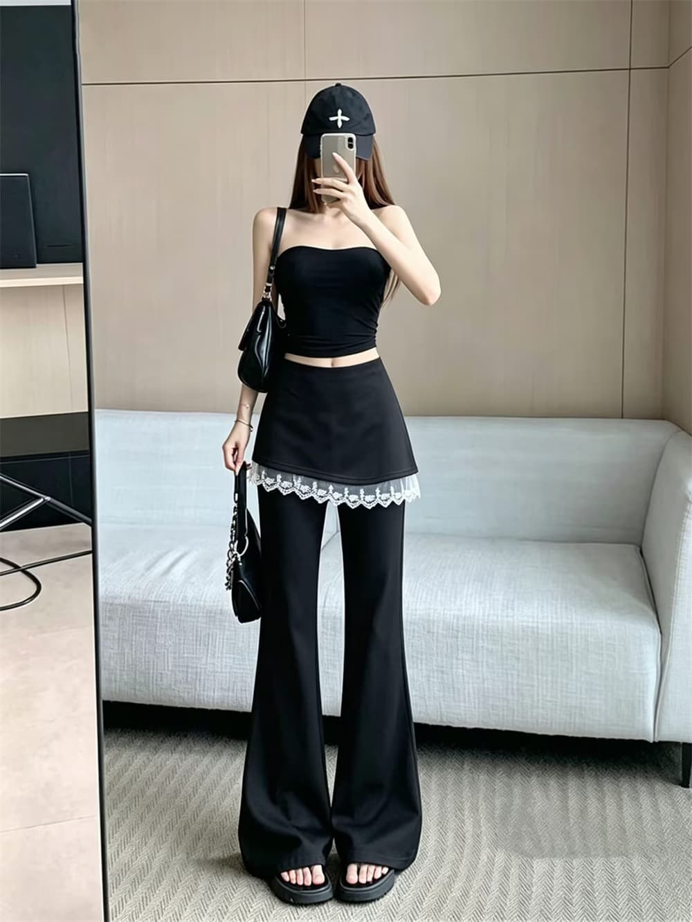 실사 공기 면 레이스 레이스 페이크 레이어드 부츠컷 바지 가을 몸매 가꾸기 슬림해 보이는 캐주얼 나팔 바지 요가 바지 상세 이미지 1