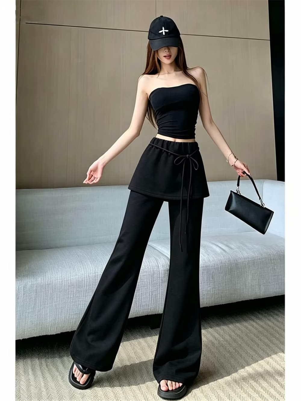 실사 페이크 레이어드 방귀 커튼 웨이 바지 여성 2026 년 가을 하이웨이스트 캐주얼 운동 바지 좁은 에디션 조거 바지 니트 상세 이미지 8