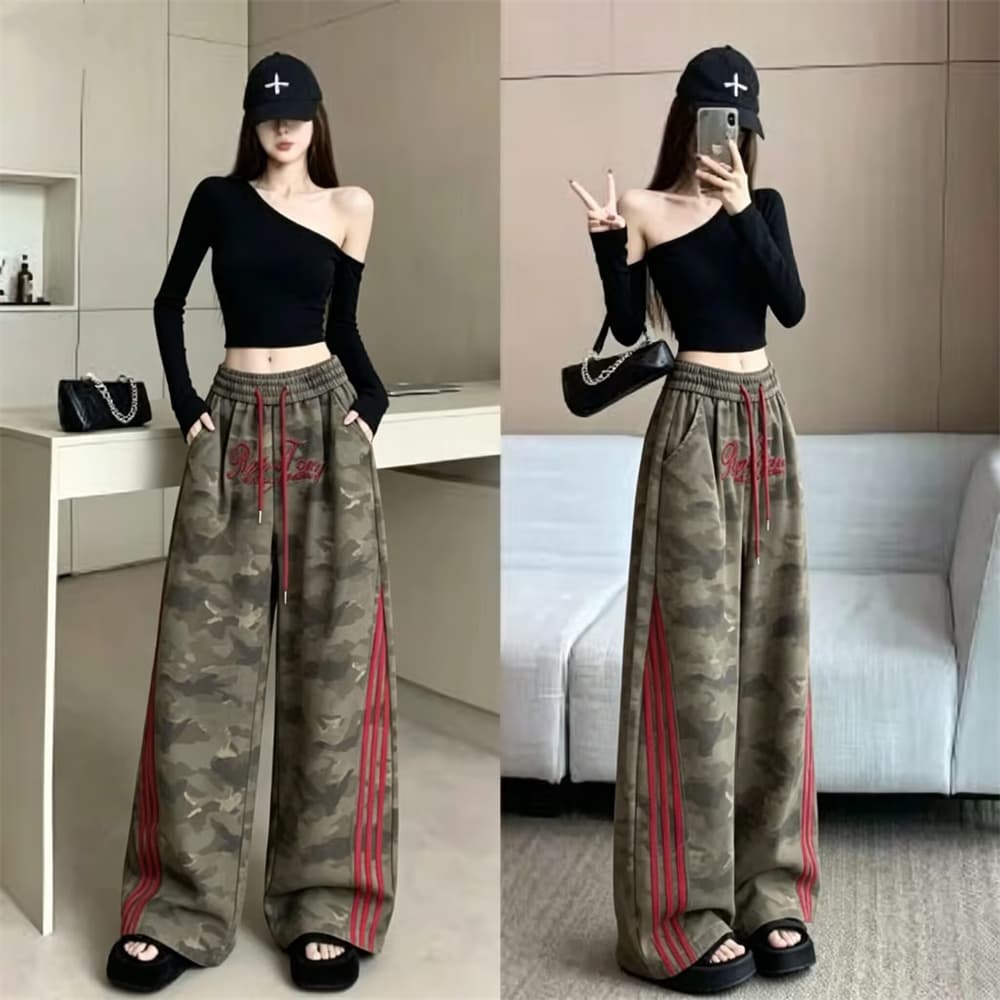실사 아메리칸 레트로 카모플라주 와이드 레그 팬츠 루즈핏 측면 스트라이프 패치워크 캐주얼 거리 hiphop 웨이 바지 상세 이미지 11