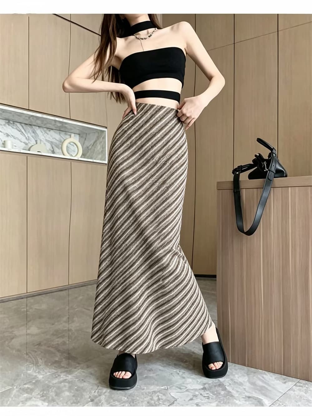 실사 프랑스식 레트로 사선 무늬 익스트림 제인 바람 스트라이프 반신 스커트 핫걸 섹션 몸매 가꾸기 품격 한 마디 롱 코트 치마 상세 이미지 1