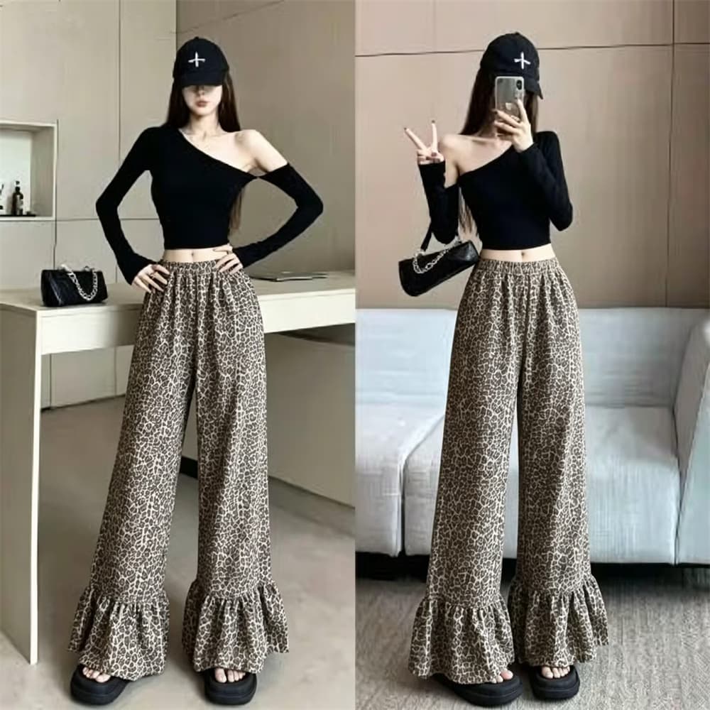 실사 아메리칸 레트로 레오파드 무늬 프릴 캐주얼 바지 2026 새로운 가을 겨울 루즈핏 스트레이트 바닥 청소 바지
