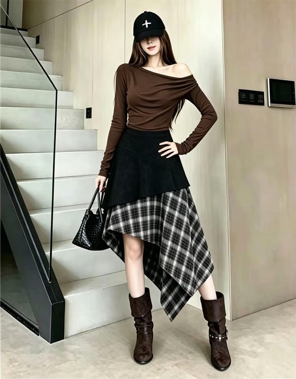실사 디자인 센스 체크무늬 불규칙 몸매 가꾸기 품격 반신 스커트 새로운 하이웨이스트 핫걸 슬림해 보이는 한 마디 미니 스커트 상세 이미지 9