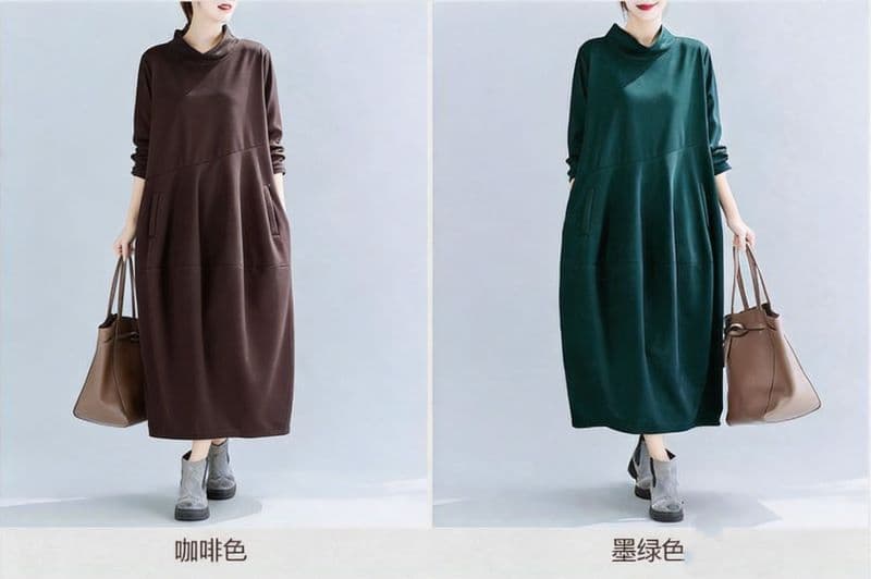 가을 새로운 레트로 단색 랜턴 치마 반하이넥 품격 롱 스커트 면 린넨 패치워크 긴팔 드레스 상세 이미지 2