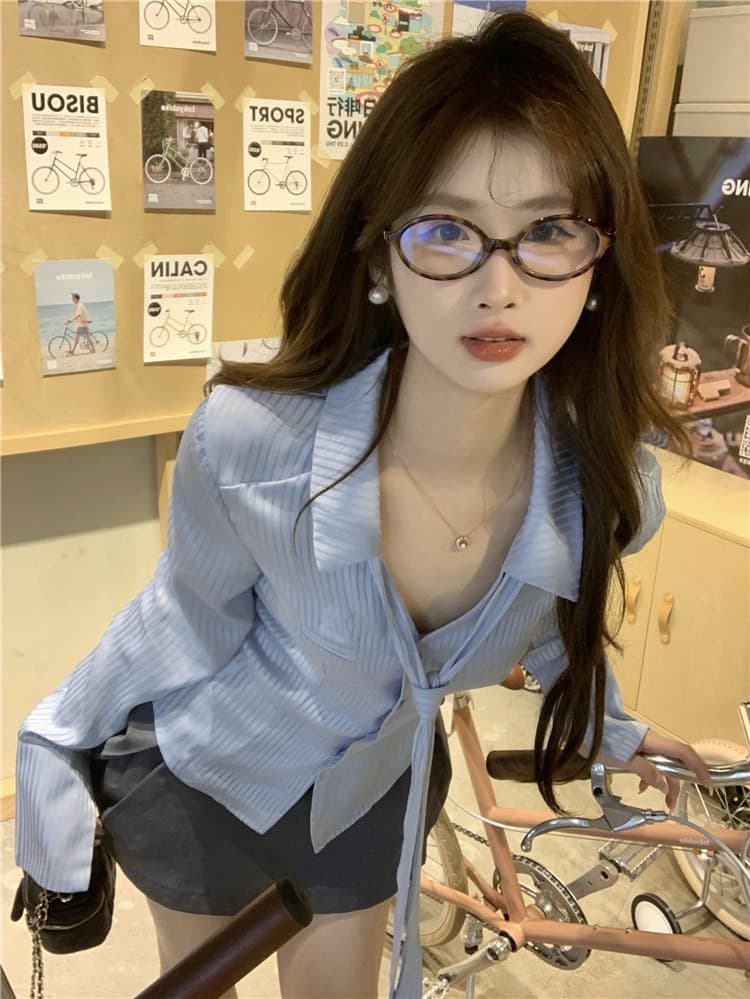 한 부서 새틴 넥타이 스트라이프 몸매 가꾸기 긴팔 셔츠 맨위 여성 2026 가을 새로운 순수한 욕망 달콤한 핫걸 바지 상세 이미지 24