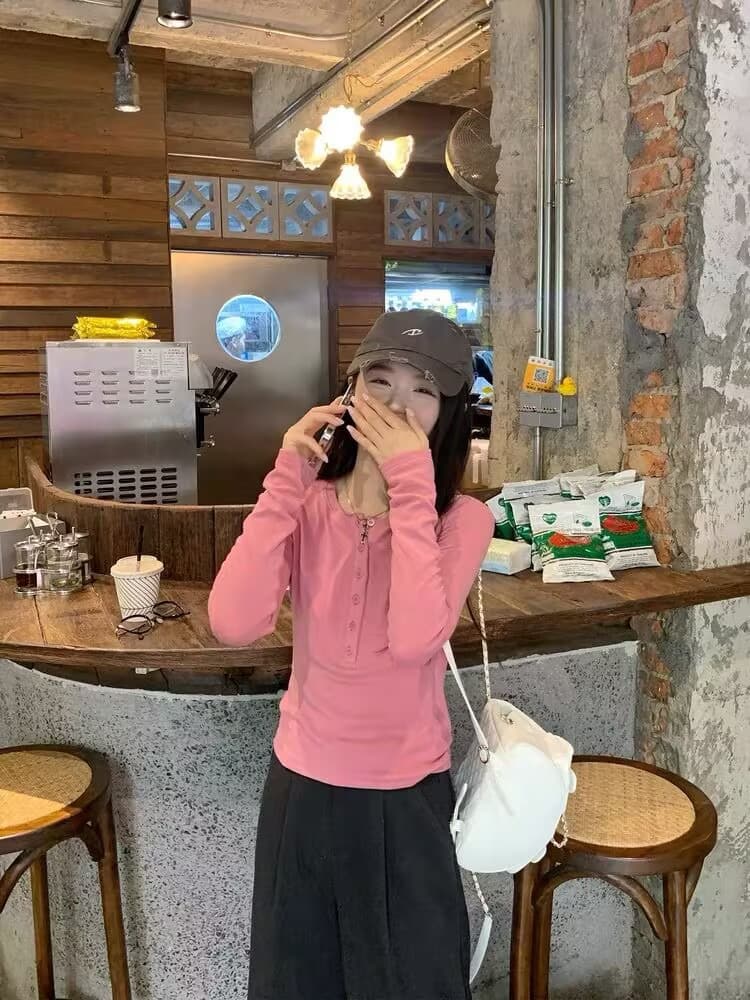 케이크를 잘라 직접 만든 작은 키 이른 가을 새로운 여성 긴 소매 티셔츠 니트 스웨터 기본 셔츠 핑크색 인사이드 잡아라. 의류 상세 이미지 12