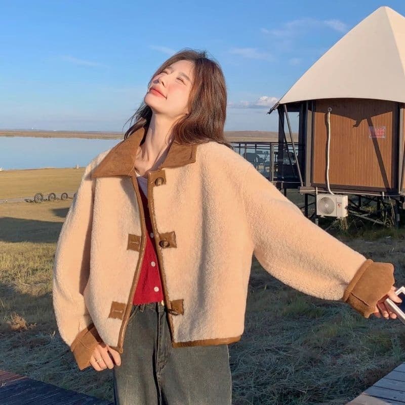 두꺼운 짧은 외투 스웨이드 양털 플리스 복합 하나 피모 하나 수 있습니다. 양면 착용 양털 재킷 짧은 스웨이드 원단 이미지 2