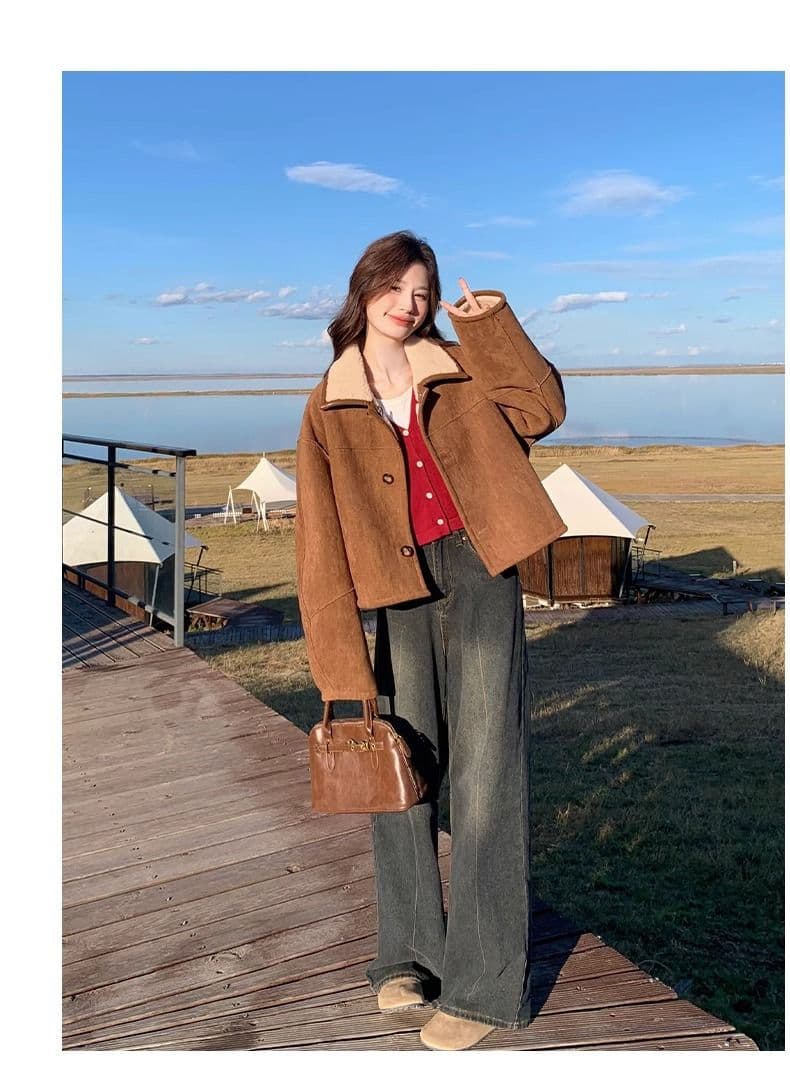 두꺼운 짧은 외투 스웨이드 양털 플리스 복합 하나 피모 하나 수 있습니다. 양면 착용 양털 재킷 짧은 스웨이드 원단 상세 이미지 5