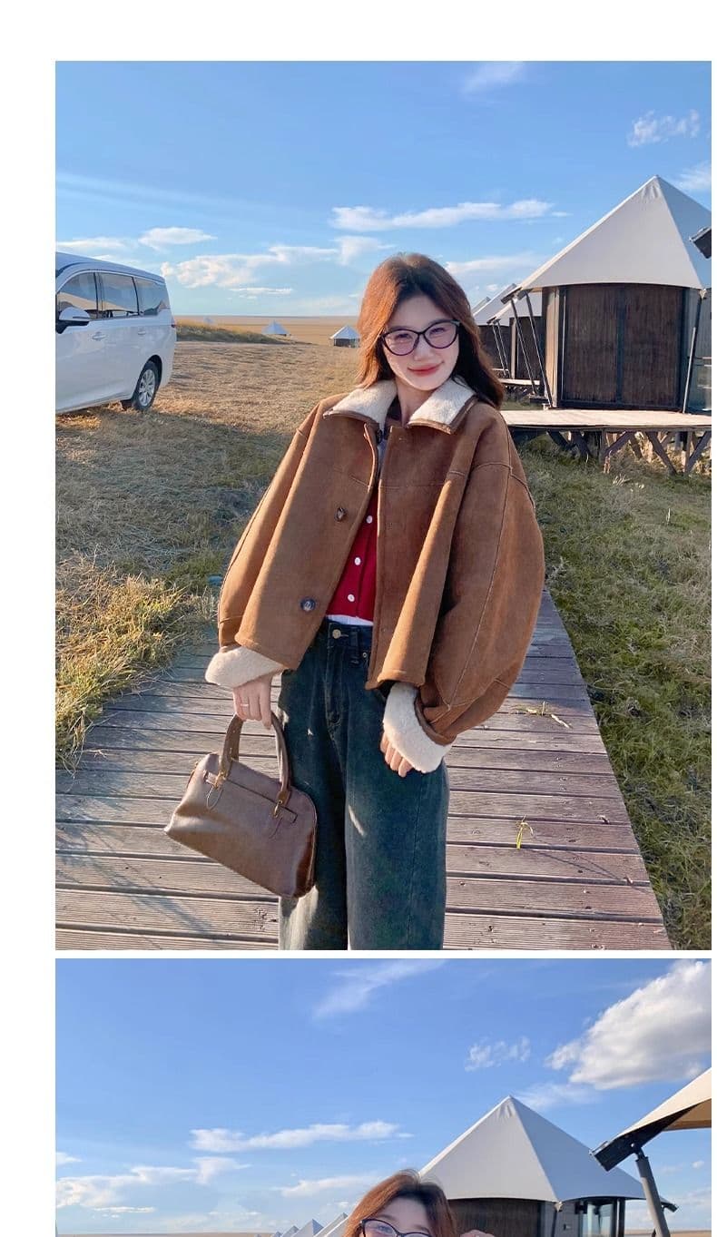 두꺼운 짧은 외투 스웨이드 양털 플리스 복합 하나 피모 하나 수 있습니다. 양면 착용 양털 재킷 짧은 스웨이드 원단 상세 이미지 9