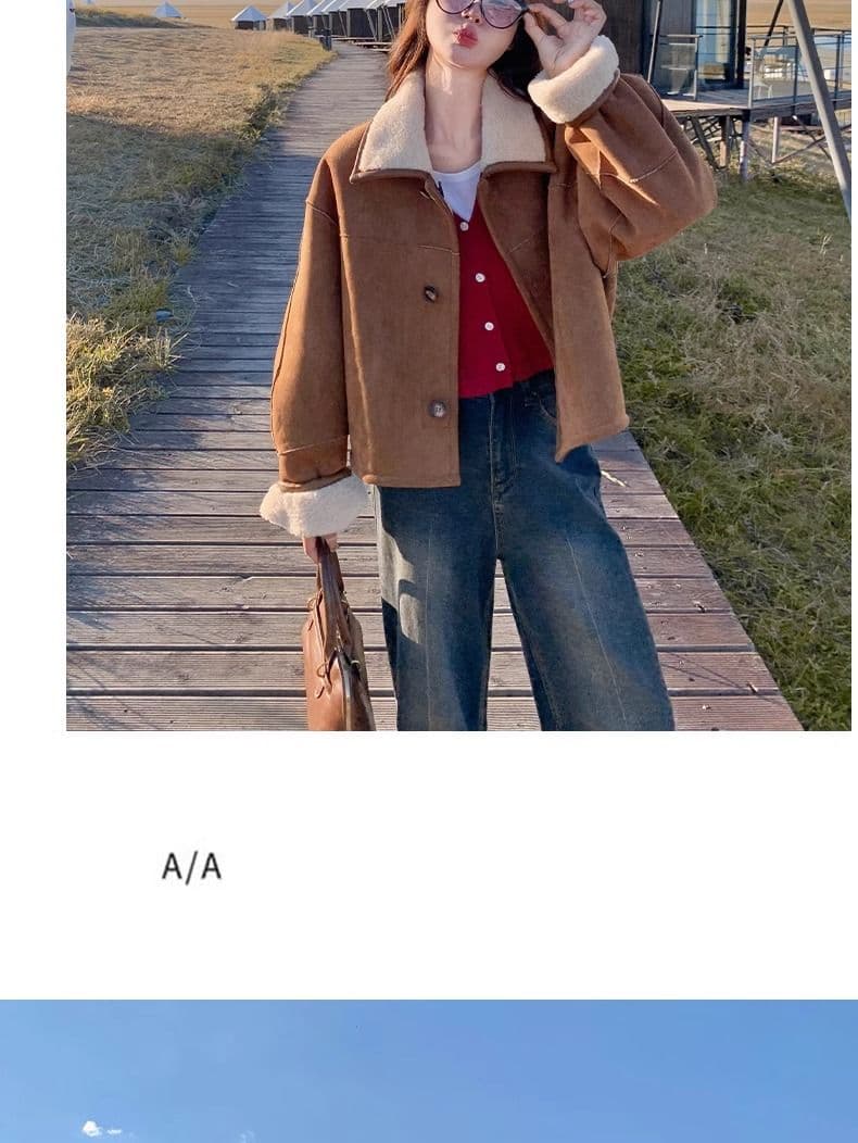 두꺼운 짧은 외투 스웨이드 양털 플리스 복합 하나 피모 하나 수 있습니다. 양면 착용 양털 재킷 짧은 스웨이드 원단 상세 이미지 10