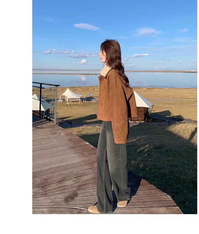 두꺼운 짧은 외투 스웨이드 양털 플리스 복합 하나 피모 하나 수 있습니다. 양면 착용 양털 재킷 짧은 스웨이드 원단 상세 이미지 22