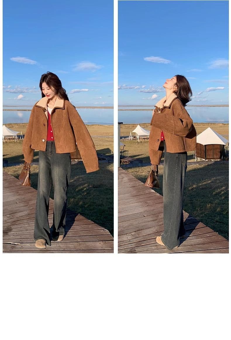 두꺼운 짧은 외투 스웨이드 양털 플리스 복합 하나 피모 하나 수 있습니다. 양면 착용 양털 재킷 짧은 스웨이드 원단 상세 이미지 24