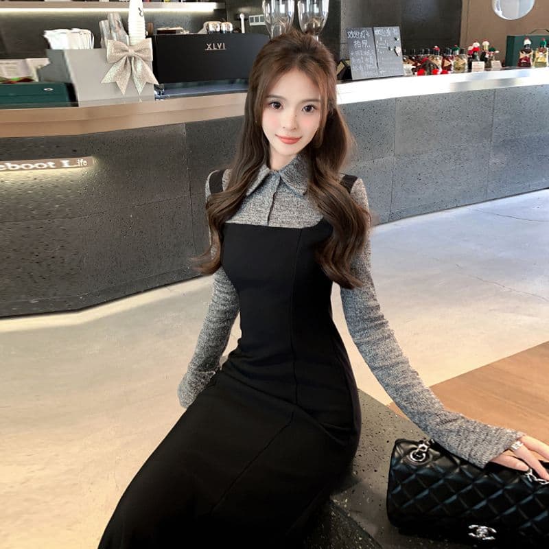 한 부서 프랑스식 그는 벤 바람 패치워크 드레스 봄 새로운 몸매 가꾸기 품격 바람 페이크 레이어드 슈퍼 화재 롱 스커트 여성 의류