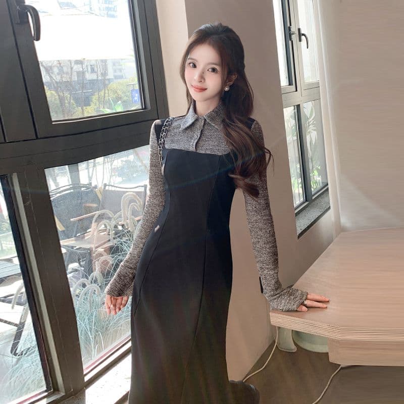 한 부서 프랑스식 그는 벤 바람 패치워크 드레스 봄 새로운 몸매 가꾸기 품격 바람 페이크 레이어드 슈퍼 화재 롱 스커트 여성 의류 이미지 3