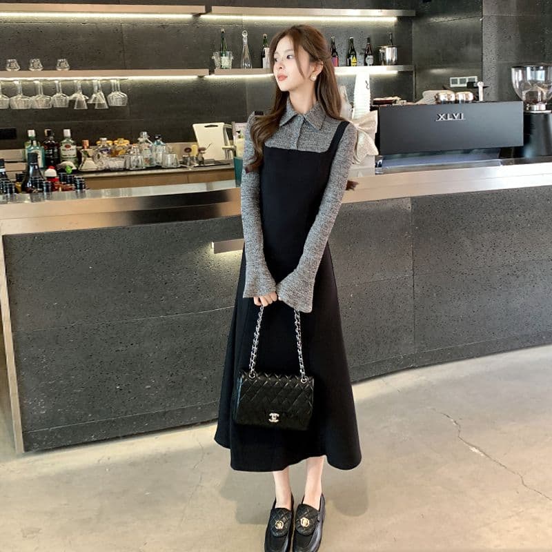 한 부서 프랑스식 그는 벤 바람 패치워크 드레스 봄 새로운 몸매 가꾸기 품격 바람 페이크 레이어드 슈퍼 화재 롱 스커트 여성 의류 이미지 2