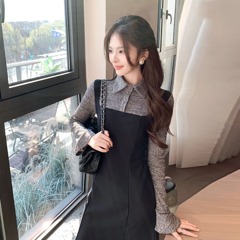 한 부서 프랑스식 그는 벤 바람 패치워크 드레스 봄 새로운 몸매 가꾸기 품격 바람 페이크 레이어드 슈퍼 화재 롱 스커트 여성 의류 이미지 4