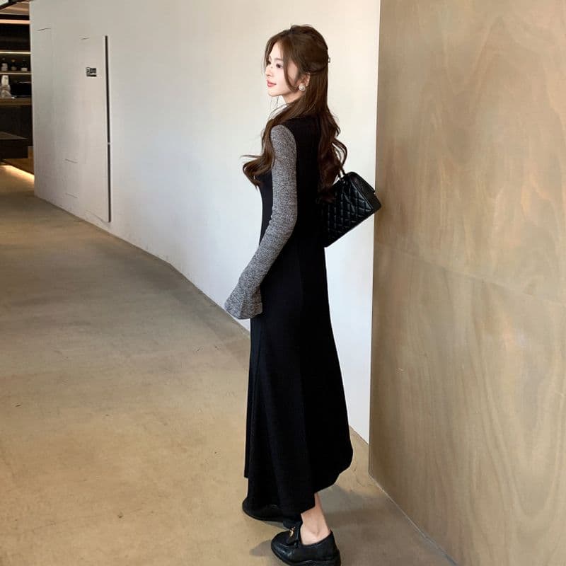 한 부서 프랑스식 그는 벤 바람 패치워크 드레스 봄 새로운 몸매 가꾸기 품격 바람 페이크 레이어드 슈퍼 화재 롱 스커트 여성 의류 이미지 5