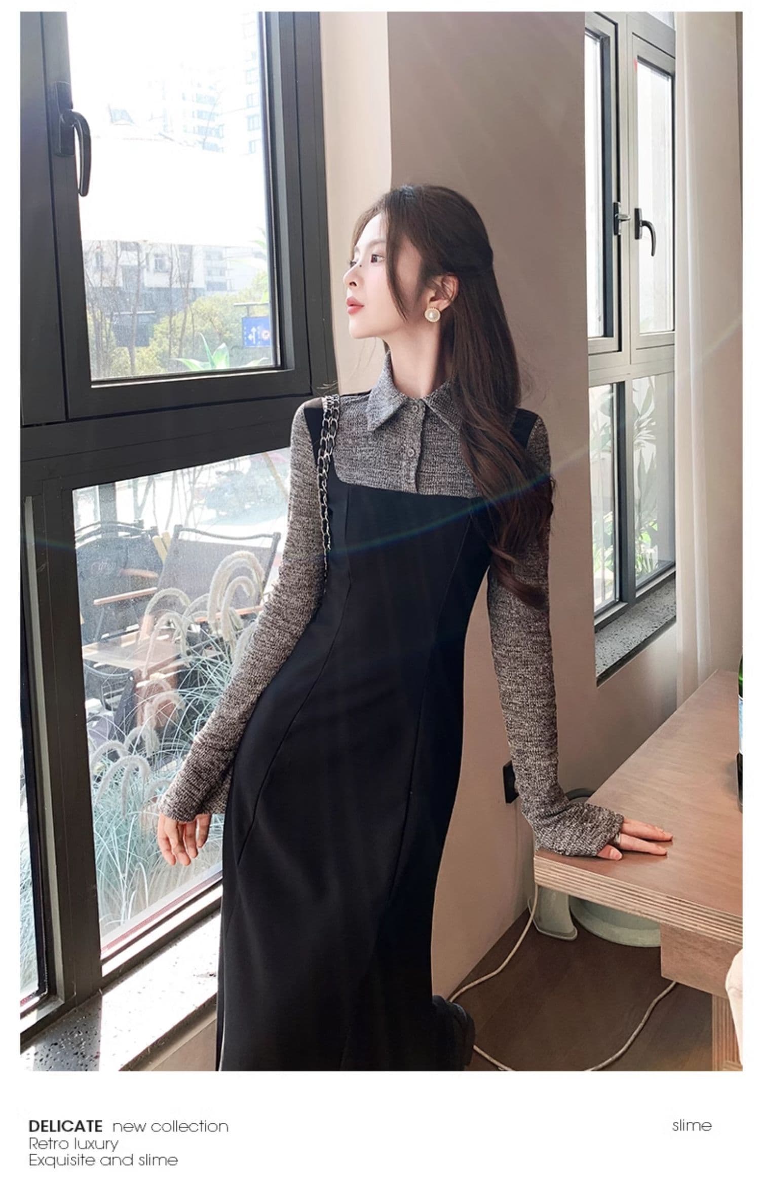 한 부서 프랑스식 그는 벤 바람 패치워크 드레스 봄 새로운 몸매 가꾸기 품격 바람 페이크 레이어드 슈퍼 화재 롱 스커트 여성 의류 상세 이미지 5