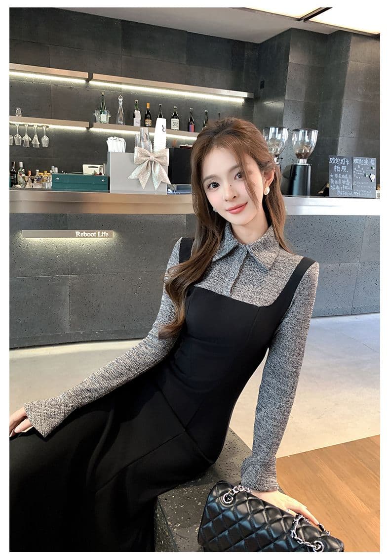 한 부서 프랑스식 그는 벤 바람 패치워크 드레스 봄 새로운 몸매 가꾸기 품격 바람 페이크 레이어드 슈퍼 화재 롱 스커트 여성 의류 상세 이미지 6