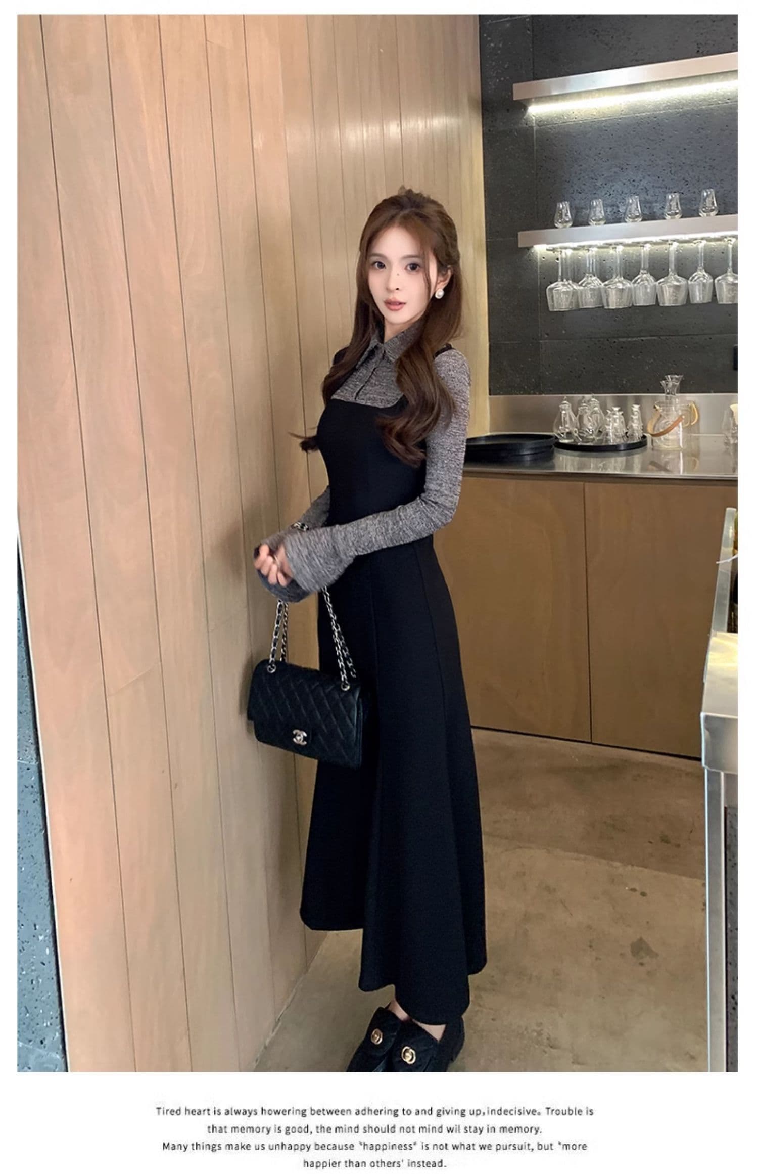 한 부서 프랑스식 그는 벤 바람 패치워크 드레스 봄 새로운 몸매 가꾸기 품격 바람 페이크 레이어드 슈퍼 화재 롱 스커트 여성 의류 상세 이미지 7