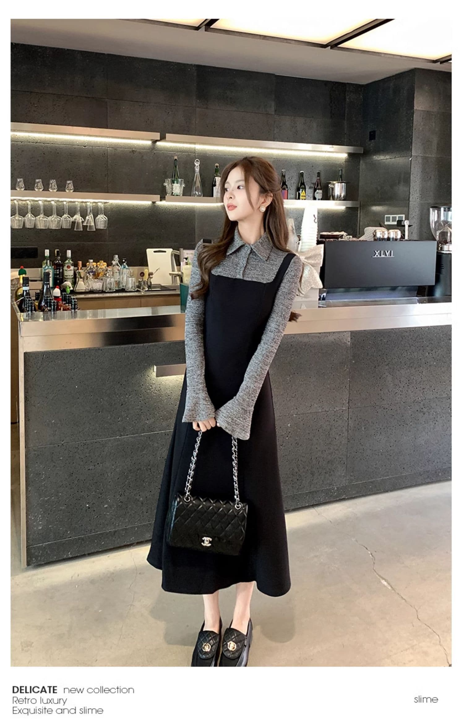 한 부서 프랑스식 그는 벤 바람 패치워크 드레스 봄 새로운 몸매 가꾸기 품격 바람 페이크 레이어드 슈퍼 화재 롱 스커트 여성 의류 상세 이미지 8