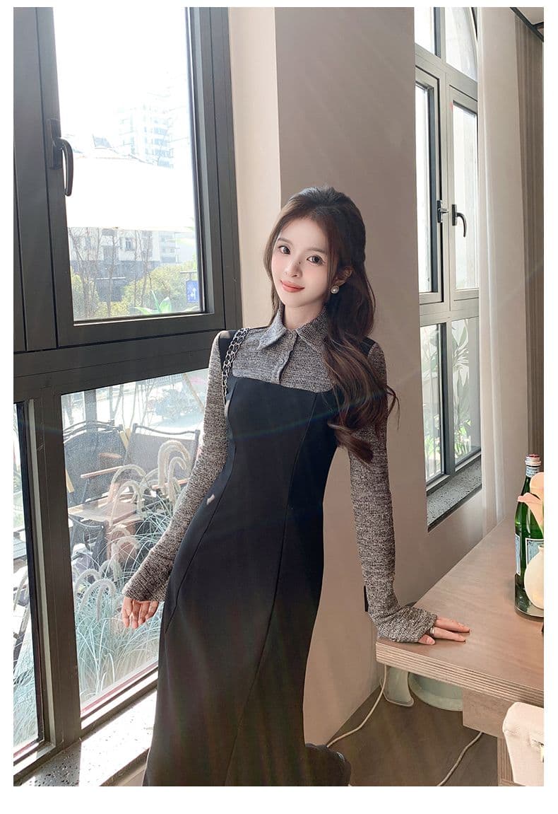 한 부서 프랑스식 그는 벤 바람 패치워크 드레스 봄 새로운 몸매 가꾸기 품격 바람 페이크 레이어드 슈퍼 화재 롱 스커트 여성 의류 상세 이미지 10