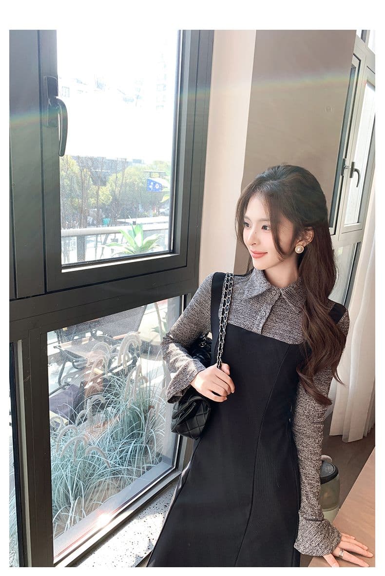 한 부서 프랑스식 그는 벤 바람 패치워크 드레스 봄 새로운 몸매 가꾸기 품격 바람 페이크 레이어드 슈퍼 화재 롱 스커트 여성 의류 상세 이미지 11