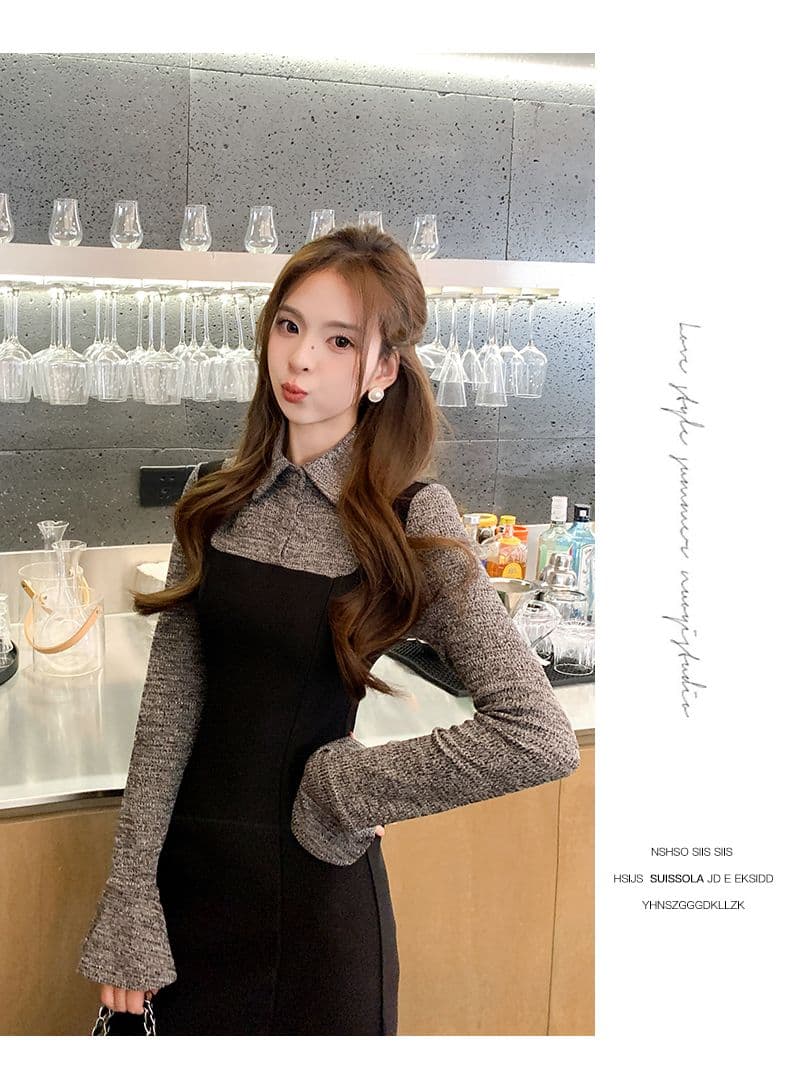 한 부서 프랑스식 그는 벤 바람 패치워크 드레스 봄 새로운 몸매 가꾸기 품격 바람 페이크 레이어드 슈퍼 화재 롱 스커트 여성 의류 상세 이미지 12