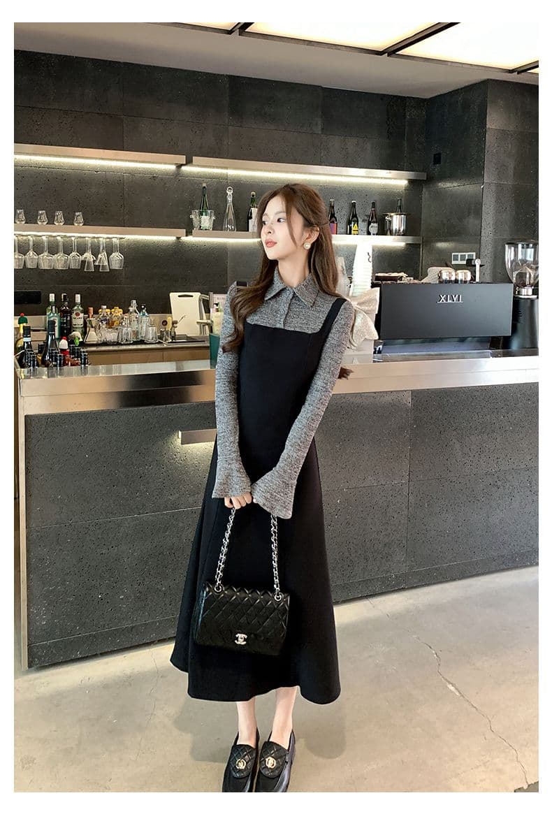 한 부서 프랑스식 그는 벤 바람 패치워크 드레스 봄 새로운 몸매 가꾸기 품격 바람 페이크 레이어드 슈퍼 화재 롱 스커트 여성 의류 상세 이미지 14