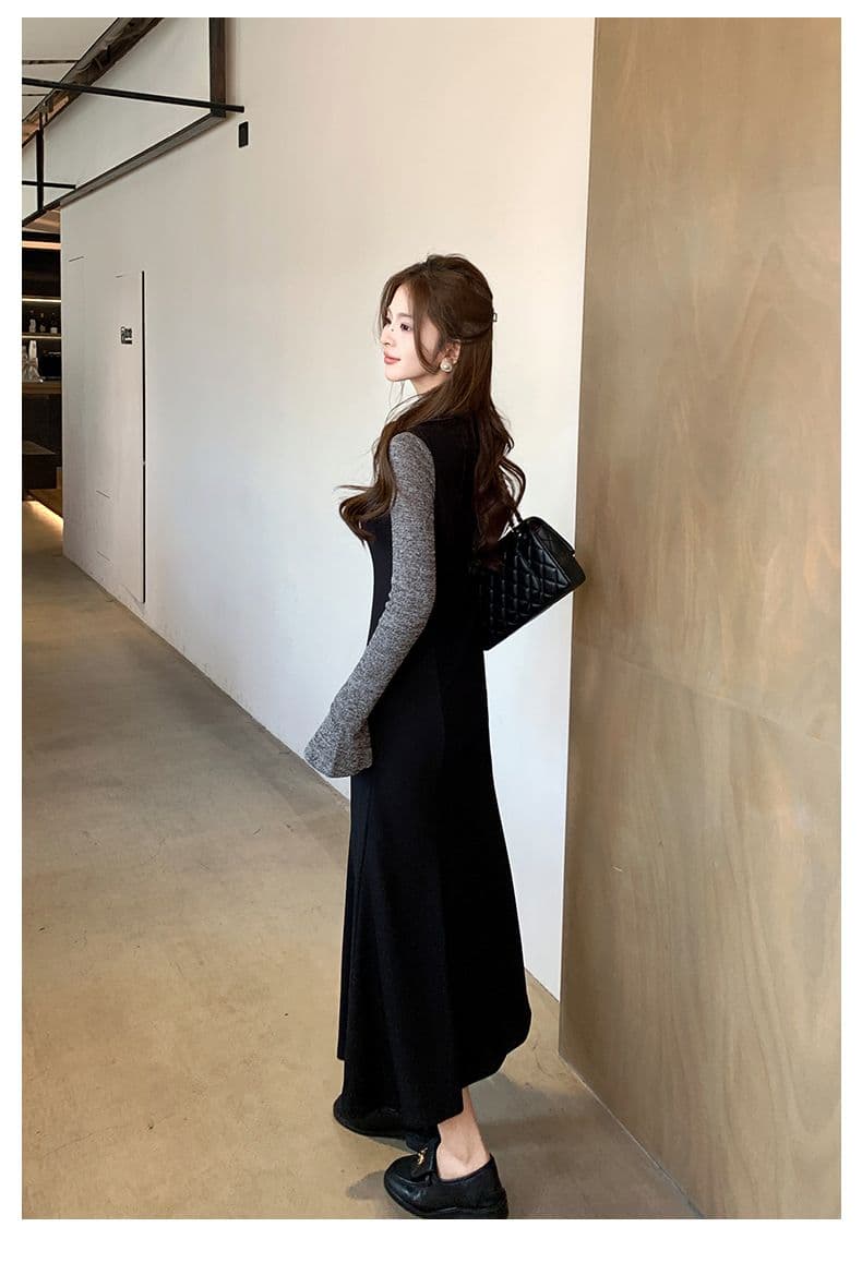 한 부서 프랑스식 그는 벤 바람 패치워크 드레스 봄 새로운 몸매 가꾸기 품격 바람 페이크 레이어드 슈퍼 화재 롱 스커트 여성 의류 상세 이미지 15