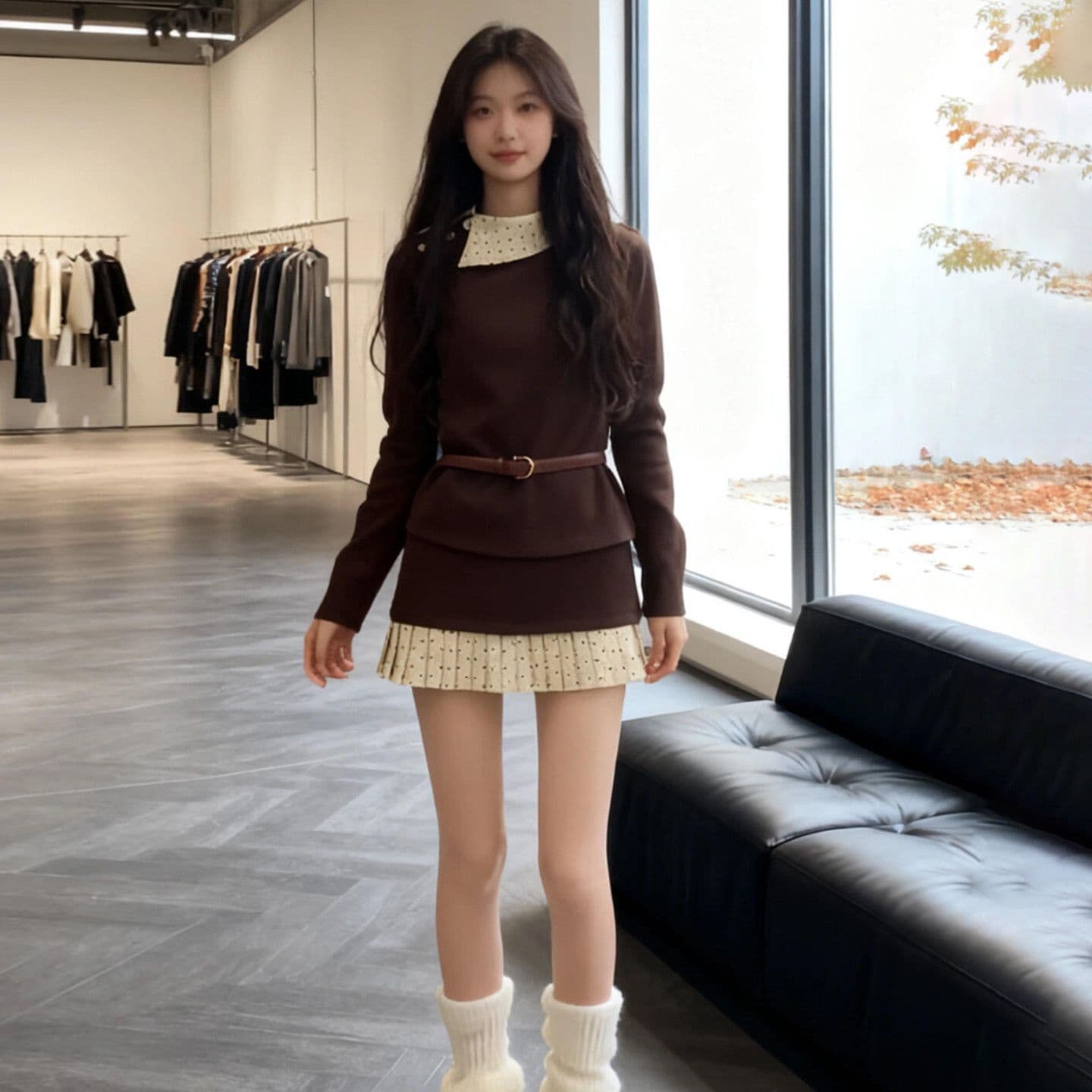 천 골드 착용 가져 가라. 커피 색상 맨위 가을 겨울 소녀 고유 한 아름다운 인사이드 가져 가라. 기본 셔츠 자이언트 잘 생긴 한 부서 두 조각 세트 드레스 이미지 3