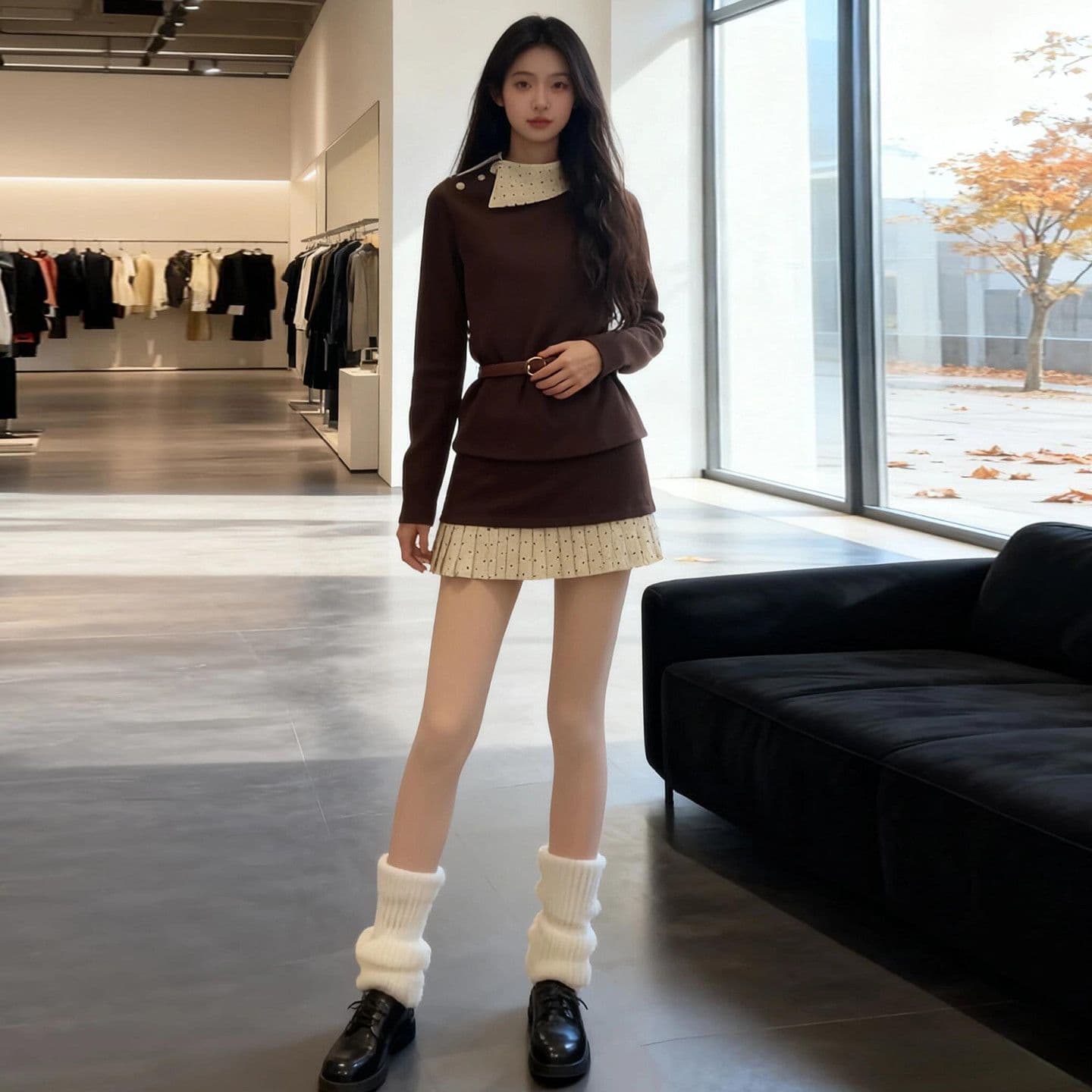 천 골드 착용 가져 가라. 커피 색상 맨위 가을 겨울 소녀 고유 한 아름다운 인사이드 가져 가라. 기본 셔츠 자이언트 잘 생긴 한 부서 두 조각 세트 드레스 이미지 2