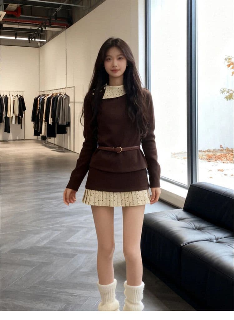 천 골드 착용 가져 가라. 커피 색상 맨위 가을 겨울 소녀 고유 한 아름다운 인사이드 가져 가라. 기본 셔츠 자이언트 잘 생긴 한 부서 두 조각 세트 드레스 상세 이미지 2