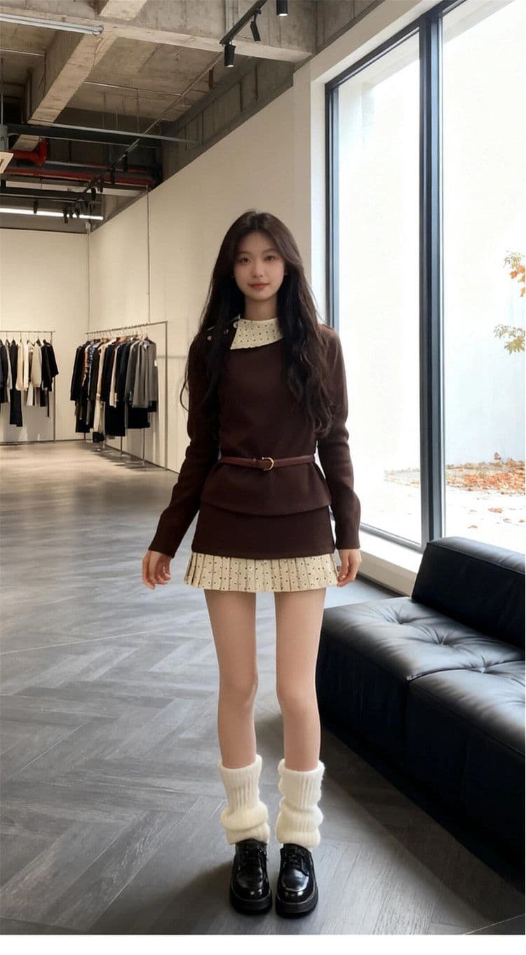 천 골드 착용 가져 가라. 커피 색상 맨위 가을 겨울 소녀 고유 한 아름다운 인사이드 가져 가라. 기본 셔츠 자이언트 잘 생긴 한 부서 두 조각 세트 드레스 상세 이미지 3