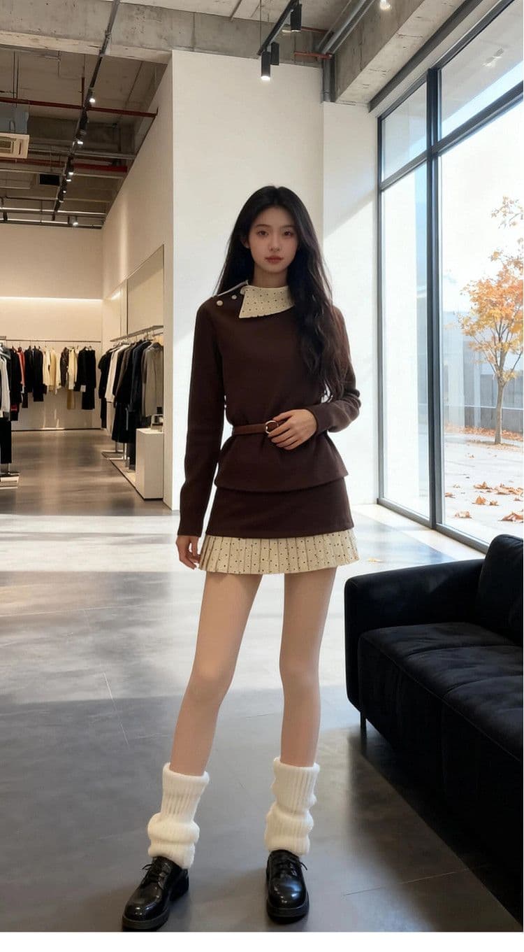 천 골드 착용 가져 가라. 커피 색상 맨위 가을 겨울 소녀 고유 한 아름다운 인사이드 가져 가라. 기본 셔츠 자이언트 잘 생긴 한 부서 두 조각 세트 드레스 상세 이미지 6