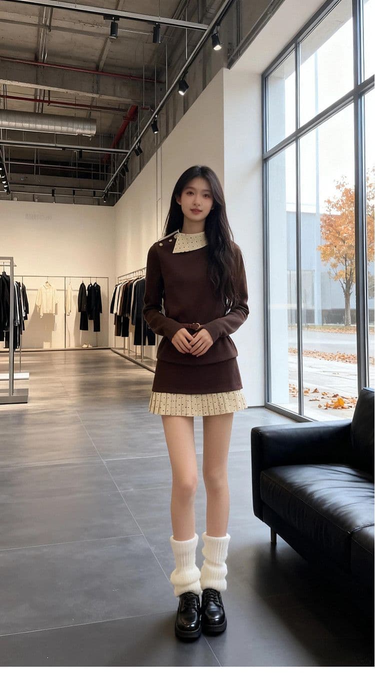 천 골드 착용 가져 가라. 커피 색상 맨위 가을 겨울 소녀 고유 한 아름다운 인사이드 가져 가라. 기본 셔츠 자이언트 잘 생긴 한 부서 두 조각 세트 드레스 상세 이미지 7