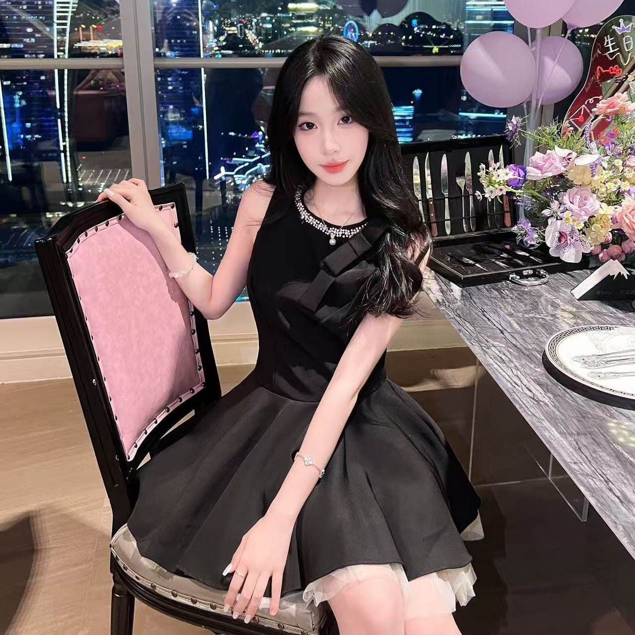 천 금빛 바람 작은 검은 드레스 여성 드레스 여름 고급 센스 생일 party 작은 행사 치마 슬림해 보이는 민소매 조끼 스커트 상세 이미지 2