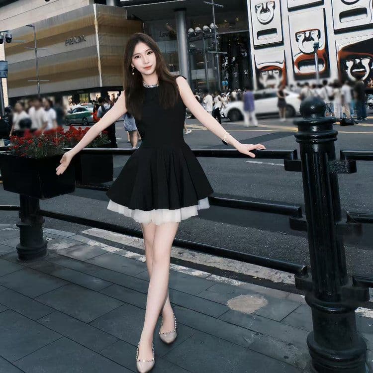 천 금빛 바람 작은 검은 드레스 여성 드레스 여름 고급 센스 생일 party 작은 행사 치마 슬림해 보이는 민소매 조끼 스커트 상세 이미지 3