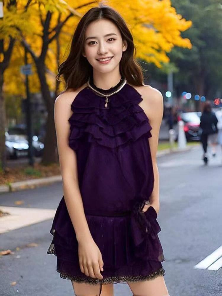 2026 새로운 보라색 새틴 레이스 행침 목 여성 드레스 여름 핫걸 허리 수축 케이크 고대 복장 치마 치마 상세 이미지 8